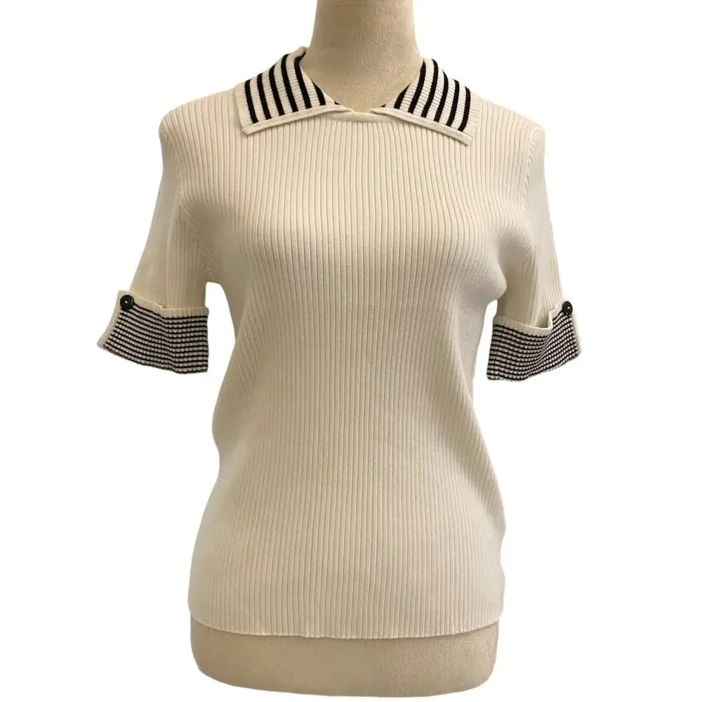 Women's Sz Medium Calligraphie Collared Short Sleeve Fitted Black/White Sweater